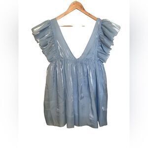 Storia Deep V-Neck Sheen Light Blue Puff Ruffle Sleeve Mini Dress Sz L Couquette